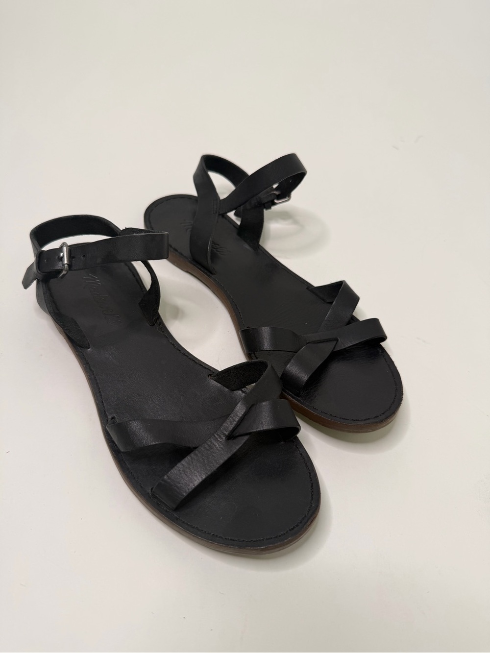 Madewell Crossover Strappy Leather Flat Sandals Black Ankle Strap Size 7.5/8